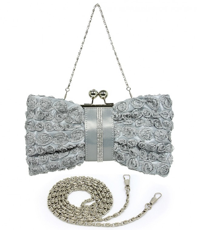 Evening Bag - Rosettes w/ Linear Beads  - Silver &ndash; BG-639F-SL